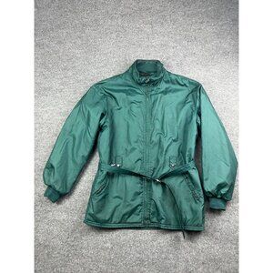 Vintage Bogner Jacket Women's 50 Green Belted Rain Coat Zipped Pockets Hood